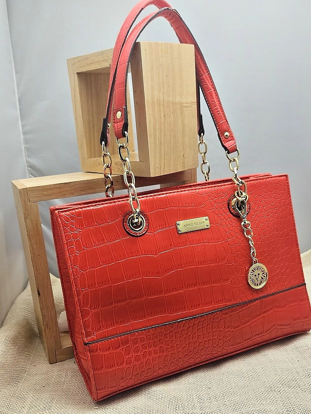 Anne Klein salmon red Crocodile-Embossed Shoulder Bag